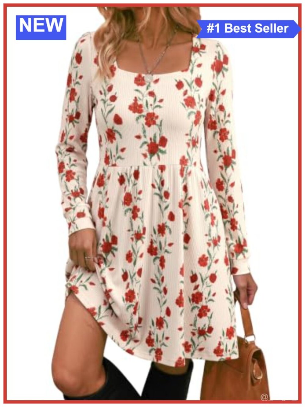 Dokotoo Women Floral Ribbed Knit Square Neck Mini Dress with Pockets